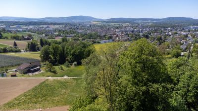 Blick &uuml;ber B&uuml;lach mit dem Pfadiheim am Waldrand